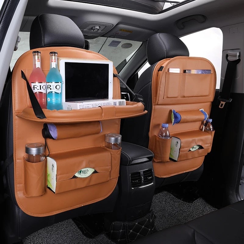 Leather Car Seat Back Organizer With Tray